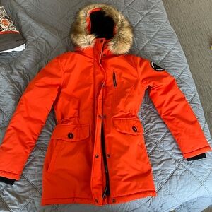 Superdry orange faux fur hooded Everest parka coat US size 8